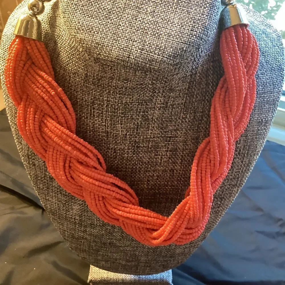 Silvertone Braided Coral Beaded Torsade Necklace